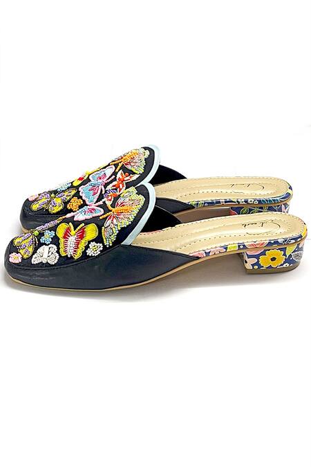 Soleart_Multi Color Bead Flutterflies Embroidered Mules_Online_at_Aza_Fashions