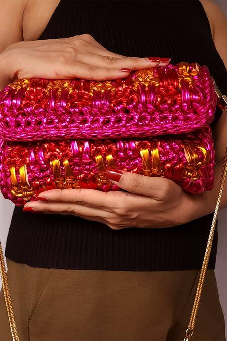 Shop Stushè Pink Trirangi Handcrafted Crossbody Clutch Bag at Aza Fashions Shop_Stushè_Pink Trirangi Handcrafted Crossbody Clutch Bag_at_Aza_Fashions