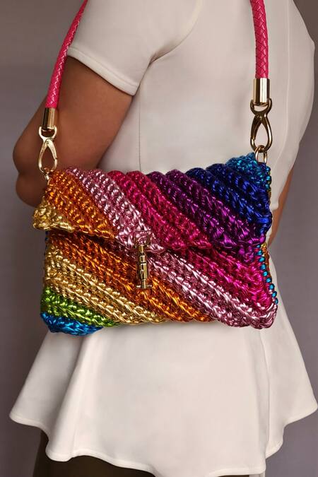 Shop Stushè Multi Color Metallic Thread Swirl Rainbow Crossbody Clutch Bag at Aza Fashions Shop_Stushè_Multi Color Metallic Thread Swirl Rainbow Crossbody Clutch Bag_at_Aza_Fashions