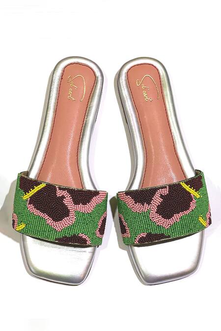 Shop Soleart Green Bead Hibiscus Flower Sliders at Aza Fashions Shop_Soleart_Green Bead Hibiscus Flower Sliders_at_Aza_Fashions