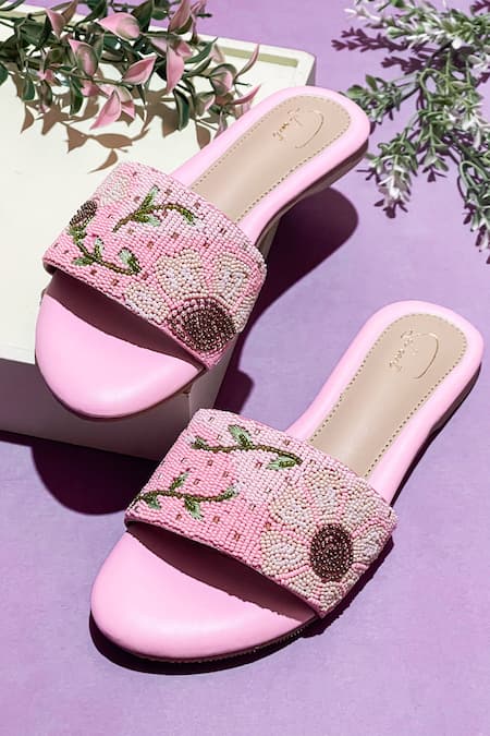 Soleart Pink Bead Enchanted Bloom Embroidered Sliders 