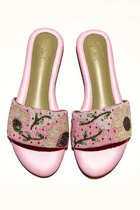Shop Soleart Pink Bead Enchanted Bloom Embroidered Sliders at Aza Fashions Shop_Soleart_Pink Bead Enchanted Bloom Embroidered Sliders_at_Aza_Fashions