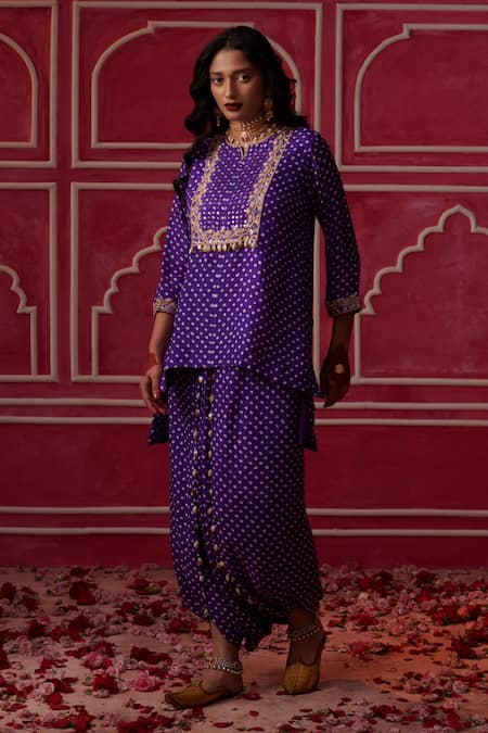 Shop_Pink City By Sarika_Purple Silk Embroidery, Zari Bandhani Pattern Short Kurta With Draped Trouser _Online_at_Aza_Fashions