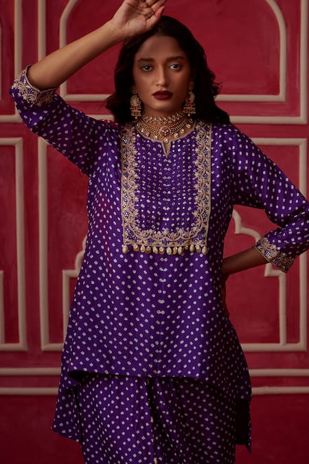 Pink City By Sarika_Purple Silk Embroidery, Zari Bandhani Pattern Short Kurta With Draped Trouser _at_Aza_Fashions