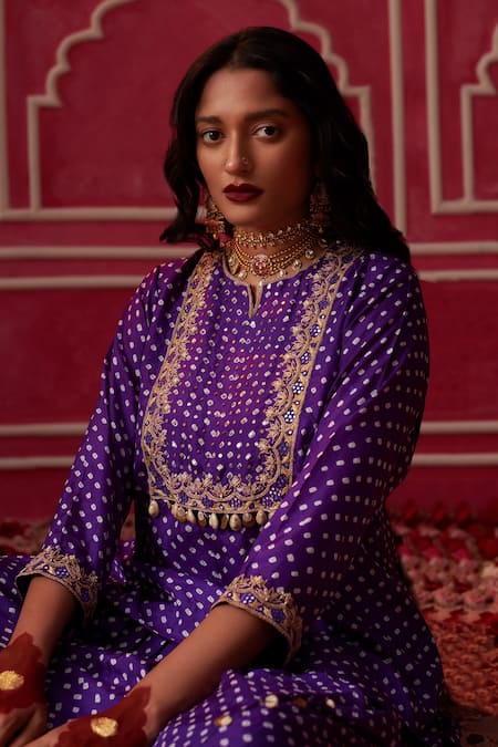 Buy_Pink City By Sarika_Purple Silk Embroidery, Zari Bandhani Pattern Short Kurta With Draped Trouser 