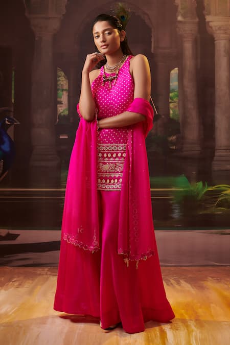 Pink City by Sarika Pink Silk Embroidery Bandhani Halter Neck Pattern Kurta Sharara Set