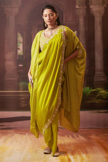 Buy_Pink City by Sarika_Green Silk Beads, Pearls Round Neck Bandhani Pattern Cape Draped Skirt Set 