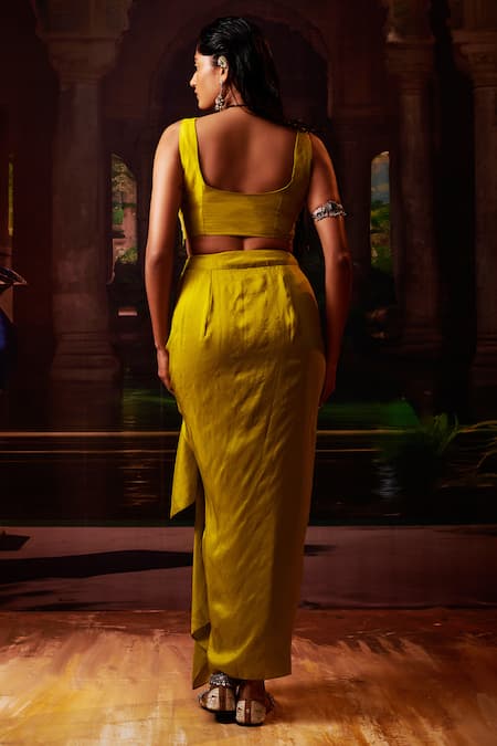 Shop Pink City By Sarika Green Silk Pearls, Beads, Embroidery Round Neck Blouse Draped Skirt Set at Aza Fashions Shop_Pink City By Sarika_Green Silk Pearls, Beads, Embroidery Round Neck Blouse Draped Skirt Set _at_Aza_Fashions