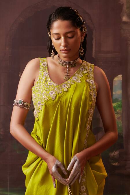 Pink City By Sarika Green Silk Pearls, Beads, Embroidery Round Neck Blouse Draped Skirt Set at Aza Fashions Pink City By Sarika_Green Silk Pearls, Beads, Embroidery Round Neck Blouse Draped Skirt Set _at_Aza_Fashions