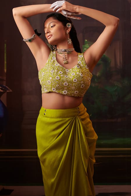 Buy_Pink City by Sarika_Green Silk Pearls, Beads Round Neck Bandhani Print Cape Draped Skirt Set _Online_at_Aza_Fashions