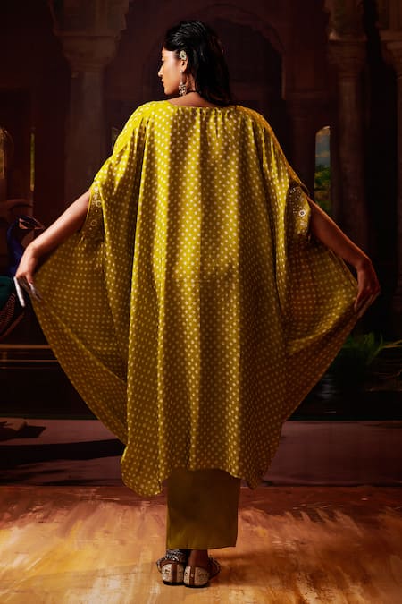 Shop_Pink City by Sarika_Green Silk Pearls, Beads Round Neck Bandhani Print Cape Draped Skirt Set _Online_at_Aza_Fashions