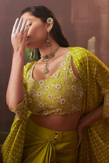 Pink City by Sarika_Green Silk Pearls, Beads Round Neck Bandhani Print Cape Draped Skirt Set _at_Aza_Fashions