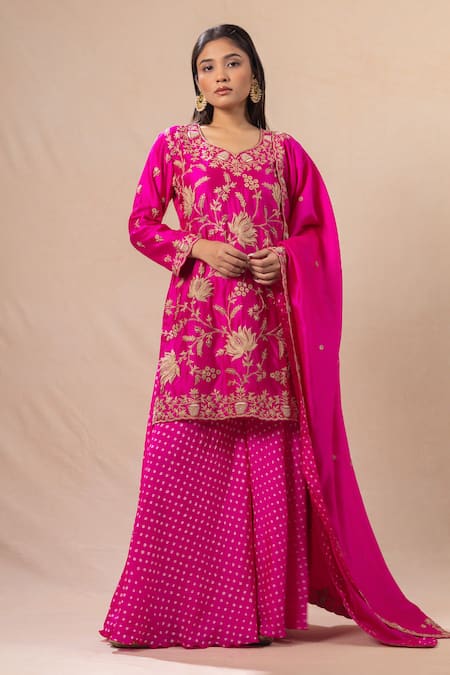 Pink City by Sarika Pink Silk Chanderi Embroidery Lotus Zardozi Kurta Sharara Set 