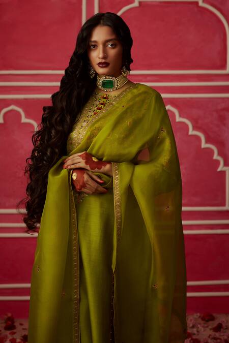 Buy_Pink City by Sarika_Green Organza, Silk, Chanderi Zardozi Paisley Embroidered Kurta Pant Set _Online_at_Aza_Fashions