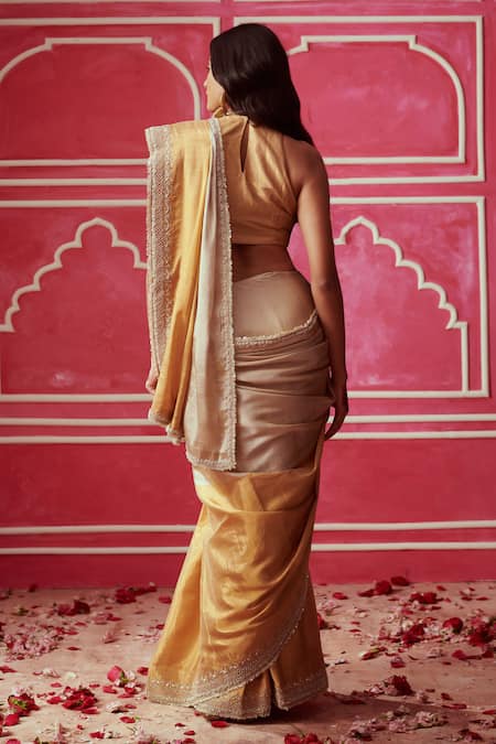 Shop Pink City By Sarika Gold Silk Two Tone Zardozi Embroidered Saree With Unstitched Blouse Piece at Aza Fashions Shop_Pink City By Sarika_Gold Silk Two Tone Zardozi Embroidered Saree With Unstitched Blouse Piece _at_Aza_Fashions