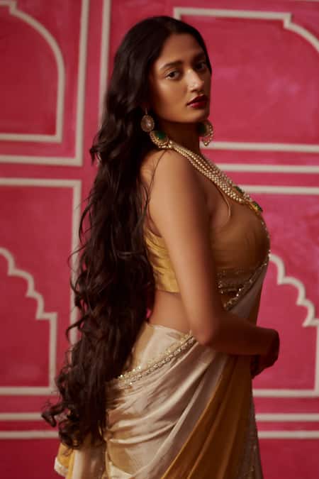 Pink City By Sarika_Gold Silk Two Tone Zardozi Embroidered Saree With Unstitched Blouse Piece _Online_at_Aza_Fashions