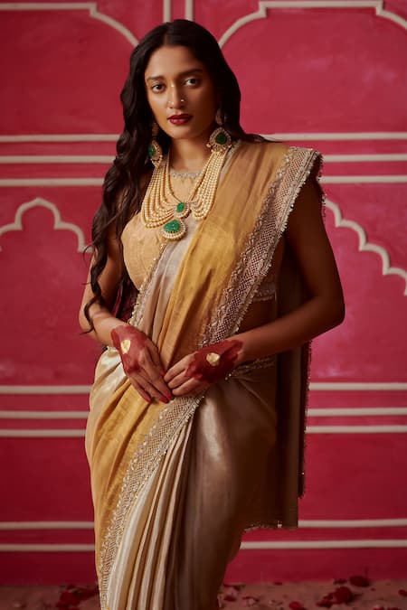 Buy_Pink City By Sarika_Gold Silk Two Tone Zardozi Embroidered Saree With Unstitched Blouse Piece _Online_at_Aza_Fashions