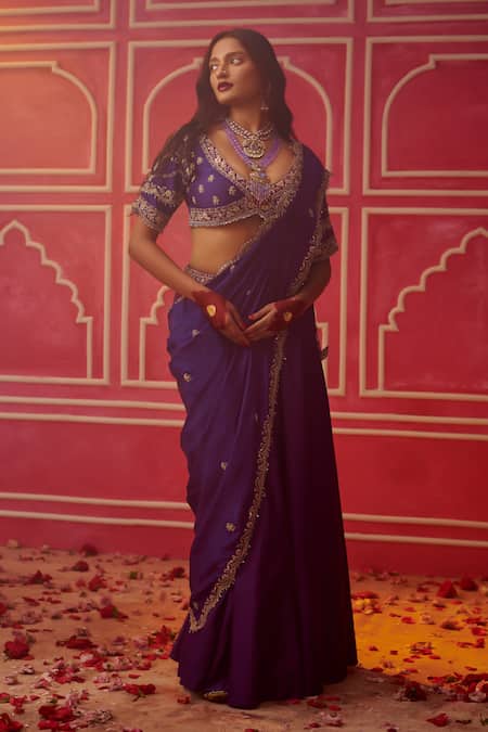 Buy_Pink City By Sarika_Purple Silk, Chanderi Pearls, Sequins, Marodi Lehenga Saree With Blouse _Online_at_Aza_Fashions