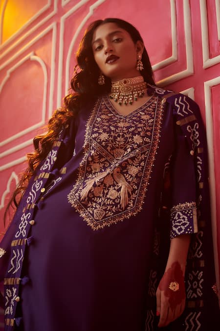 Pink City by Sarika_Purple Organza, Silk, Chanderi Placed Bandhani Gharchola Print Kurta Pant Set _Online_at_Aza_Fashions