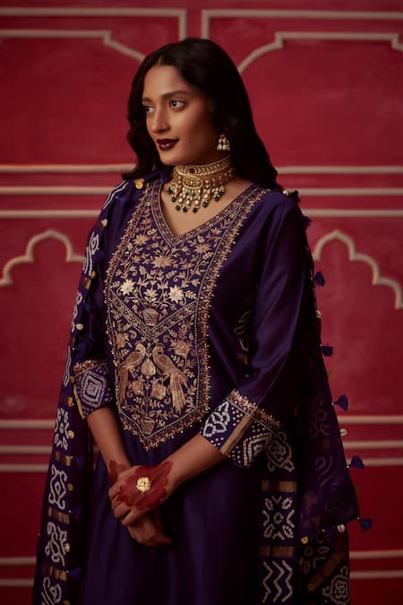 Shop_Pink City by Sarika_Purple Organza, Silk, Chanderi Placed Bandhani Gharchola Print Kurta Pant Set _Online_at_Aza_Fashions