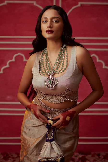 Pink City By Sarika_Purple Silk, Tissue Sequins Round Gharchola Bandhani Print Cape Draped Skirt Set _Online_at_Aza_Fashions