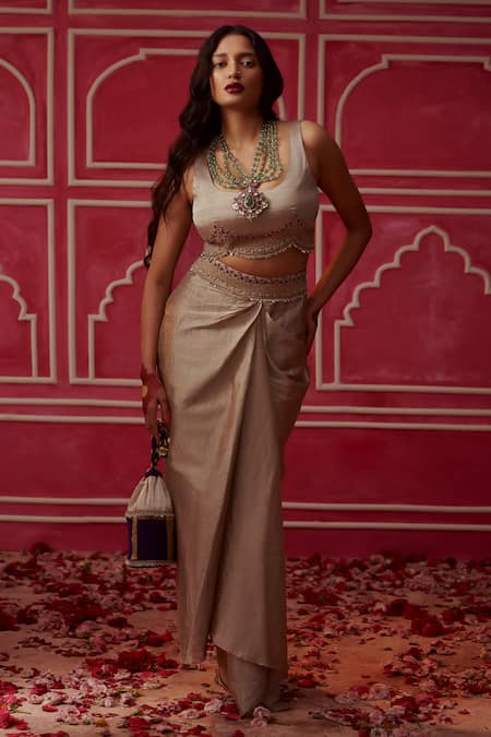 Shop_Pink City By Sarika_Purple Silk, Tissue Sequins Round Gharchola Bandhani Print Cape Draped Skirt Set _Online_at_Aza_Fashions