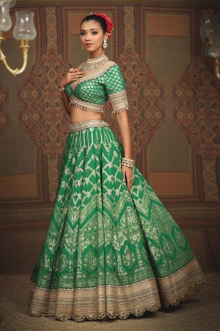 Buy Shikhar Sharma Green Banarasi Floral Woven Leaf Neck Bridal Lehenga Set Online at Aza Fashions Buy_Shikhar Sharma_Green Banarasi Floral Woven Leaf Neck Bridal Lehenga Set _Online_at_Aza_Fashions