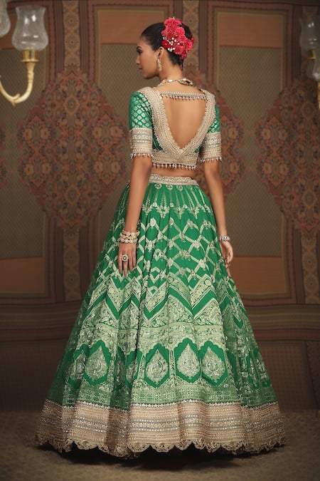 Shop Shikhar Sharma Green Banarasi Floral Woven Leaf Neck Bridal Lehenga Set at Aza Fashions Shop_Shikhar Sharma_Green Banarasi Floral Woven Leaf Neck Bridal Lehenga Set _at_Aza_Fashions