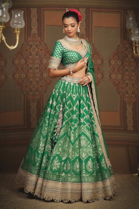 Shop Shikhar Sharma Green Banarasi Floral Woven Leaf Neck Bridal Lehenga Set Online at Aza Fashions Shop_Shikhar Sharma_Green Banarasi Floral Woven Leaf Neck Bridal Lehenga Set _Online_at_Aza_Fashions