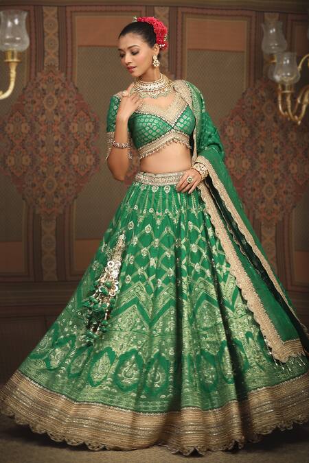 Shikhar Sharma Green Banarasi Floral Woven Leaf Neck Bridal Lehenga Set at Aza Fashions Shikhar Sharma_Green Banarasi Floral Woven Leaf Neck Bridal Lehenga Set _at_Aza_Fashions