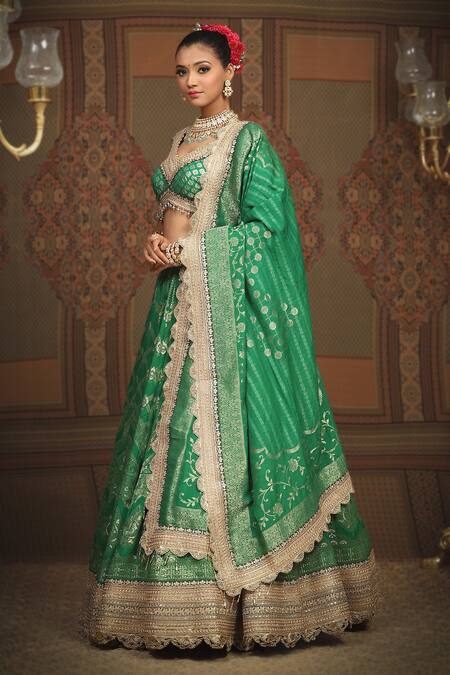 Buy Shikhar Sharma Green Banarasi Floral Woven Leaf Neck Bridal Lehenga Set Buy_Shikhar Sharma_Green Banarasi Floral Woven Leaf Neck Bridal Lehenga Set