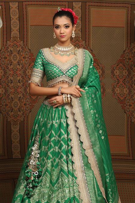 Shop Shikhar Sharma Green Banarasi Floral Woven Leaf Neck Bridal Lehenga Set Shop_Shikhar Sharma_Green Banarasi Floral Woven Leaf Neck Bridal Lehenga Set