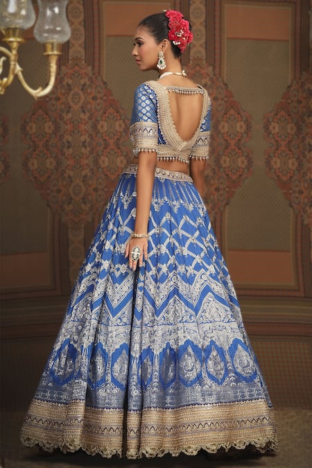 Shop_Shikhar Sharma_Blue Banarasi Floral Woven Leaf Neck Bridal Lehenga Set _at_Aza_Fashions