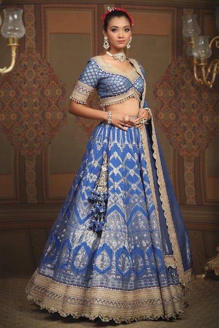 Shikhar Sharma_Blue Banarasi Floral Woven Leaf Neck Bridal Lehenga Set _Online_at_Aza_Fashions