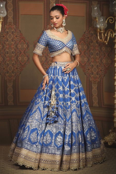 Buy_Shikhar Sharma_Blue Banarasi Floral Woven Leaf Neck Bridal Lehenga Set _Online_at_Aza_Fashions