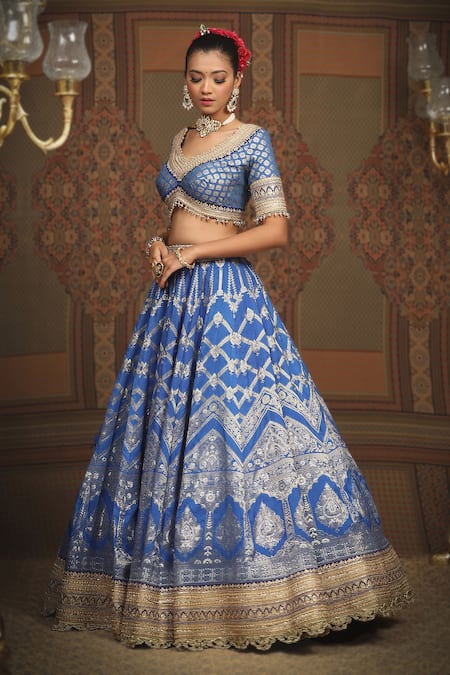 Shop_Shikhar Sharma_Blue Banarasi Floral Woven Leaf Neck Bridal Lehenga Set _Online_at_Aza_Fashions