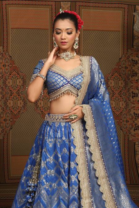 Shikhar Sharma_Blue Banarasi Floral Woven Leaf Neck Bridal Lehenga Set _at_Aza_Fashions