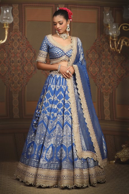 Shop_Shikhar Sharma_Blue Banarasi Floral Woven Leaf Neck Bridal Lehenga Set 