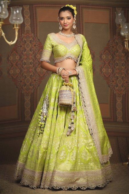 SHIKHAR SHARMA Green Banarasi Floral Woven Leaf Neck Bridal Lehenga Set 