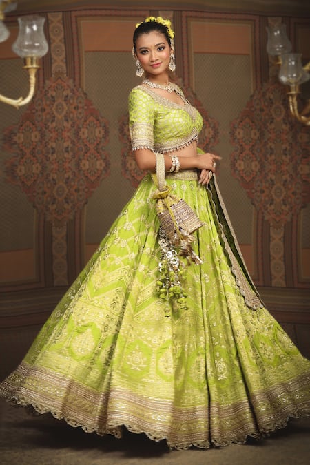Shikhar Sharma_Green Banarasi Floral Woven Leaf Neck Bridal Lehenga Set _Online_at_Aza_Fashions