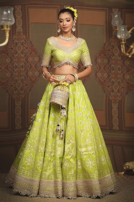 Buy_Shikhar Sharma_Green Banarasi Floral Woven Leaf Neck Bridal Lehenga Set _Online_at_Aza_Fashions