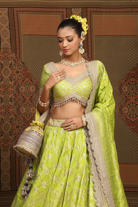 Shop_Shikhar Sharma_Green Banarasi Floral Woven Leaf Neck Bridal Lehenga Set _Online_at_Aza_Fashions