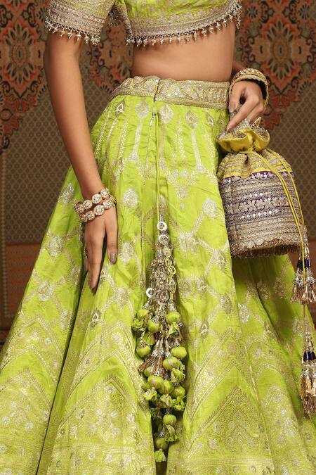 Buy_Shikhar Sharma_Green Banarasi Floral Woven Leaf Neck Bridal Lehenga Set 