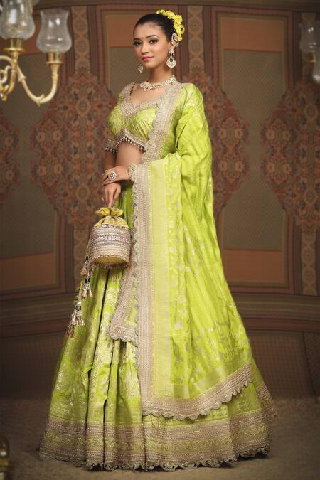 Shop_Shikhar Sharma_Green Banarasi Floral Woven Leaf Neck Bridal Lehenga Set 