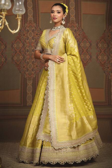 Shop_Shikhar Sharma_Green Banarasi Paisley Woven V Neck Bridal Lehenga Set _Online_at_Aza_Fashions