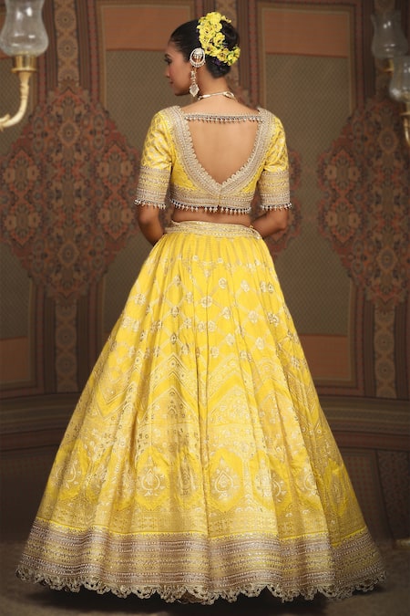 Shop Shikhar Sharma Yellow Banarasi Floral Woven Leaf Neck Checkered Bridal Lehenga Set at Aza Fashions Shop_Shikhar Sharma_Yellow Banarasi Floral Woven Leaf Neck Checkered Bridal Lehenga Set _at_Aza_Fashions