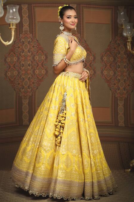 Shikhar Sharma Yellow Banarasi Floral Woven Leaf Neck Checkered Bridal Lehenga Set Online at Aza Fashions Shikhar Sharma_Yellow Banarasi Floral Woven Leaf Neck Checkered Bridal Lehenga Set _Online_at_Aza_Fashions