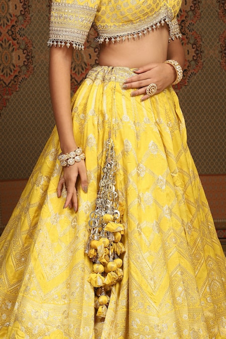 Shop Shikhar Sharma Yellow Banarasi Floral Woven Leaf Neck Checkered Bridal Lehenga Set Online at Aza Fashions Shop_Shikhar Sharma_Yellow Banarasi Floral Woven Leaf Neck Checkered Bridal Lehenga Set _Online_at_Aza_Fashions