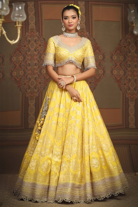 Buy Shikhar Sharma Yellow Banarasi Floral Woven Leaf Neck Checkered Bridal Lehenga Set Buy_Shikhar Sharma_Yellow Banarasi Floral Woven Leaf Neck Checkered Bridal Lehenga Set