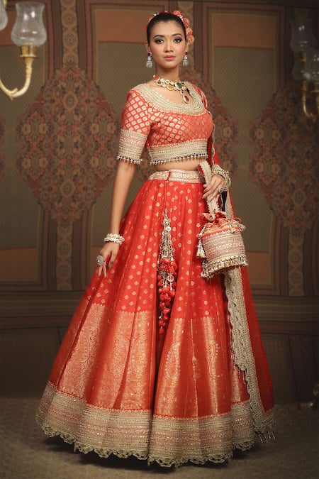 Shikhar Sharma_Orange Banarasi Paisley Woven Round Bridal Lehenga Set _Online_at_Aza_Fashions